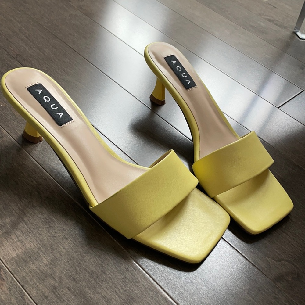 Aqua Bloomingdale’s faux leather yellow mule sandals